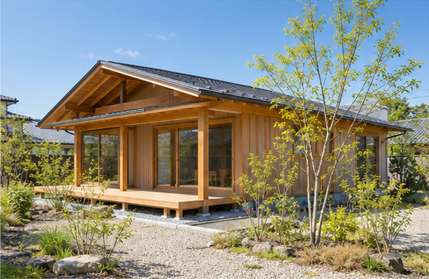深い軒と木のデッキ、小さな庭がある平屋の外観