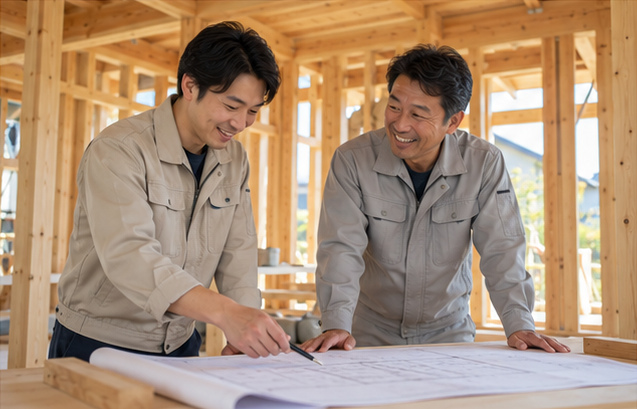 建築中の木の家で、図面を広げて相談する二人の職人。人物は架空のモデルです